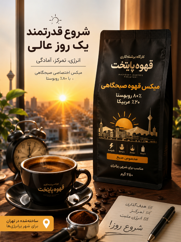 قهوه ی صبحگاهی پایتخت| ۸۰٪روبوستا۲۰ درصد عربیکا | ترکیب انرژی بخش با طعم خاص